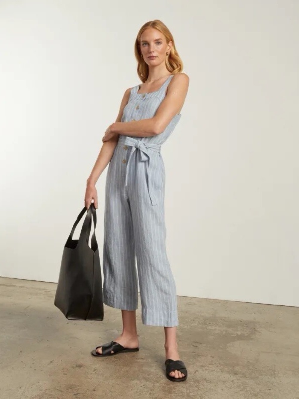 Everlane 100% Linen Striped Light Blue Sleeveless Cropped Wide-Leg Jumpsuit